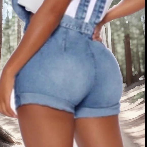 90’s Style Trend Stone Wash Style Button High Waist Overalls Demin Jumper Shorts - Picture 9 of 16